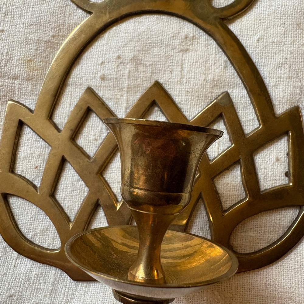Vintage Brass Pinapple Flower Candle Holder Wall Sconce Geometric Boho Decor - Picture 4 of 6